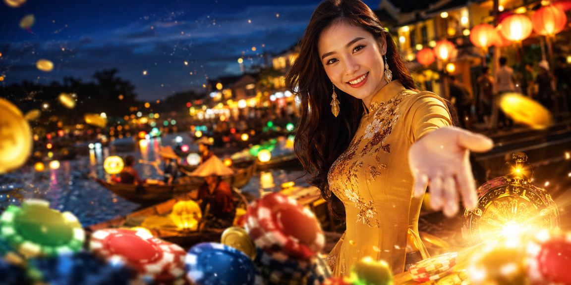 Người chơi game bắn cá tại Hội An với ánh đèn lồng lung linh về đêm